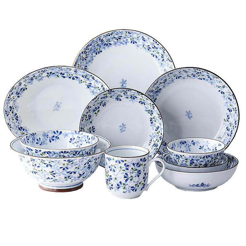 【自营】美浓烧日本进口陶瓷餐具小蓝芽饭碗寿司菜盘子碟拉面汤碗