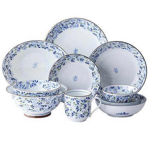 【自营】美浓烧日本进口陶瓷餐具小蓝芽饭碗寿司菜盘子碟拉面汤碗