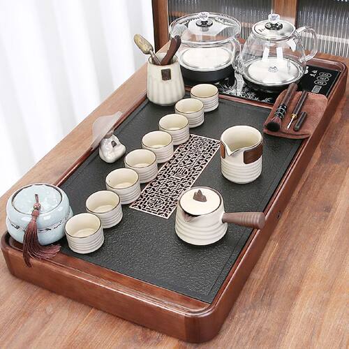 整套茶具套装实木乌金石茶盘功夫茶台底上水一体全自动家用泡茶道