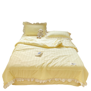 韩式奶油风纯色泡泡纱花边夏凉被四件套空调被可机洗夏季薄款被子