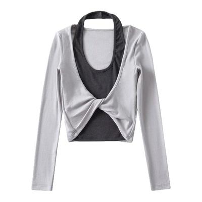 XXBUNI 女团风kpop甜辣假两件挂脖扭结紧身长袖上衣女松紧腰拼接