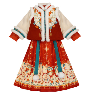 拜年服女童2026新款冬装明制汉服女孩新年喜庆红色儿童国风过年服