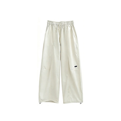 白色速干工装裤女款大码爱心刺绣阔腿裤垂感酷飒风直筒透气运动裤