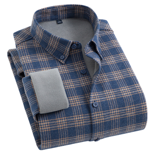 2025冬季男士格子纯棉长袖衬衫磨毛加绒加厚保暖衬衣休闲外套男款