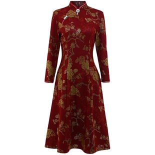 高档加绒加厚旗袍裙改良版中式婚礼服中长款妈妈装显瘦遮肚连衣裙