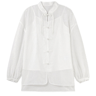 MISSCOCOON新中式欧根纱浮雕提花灯笼袖盘扣衬衫两色秋款