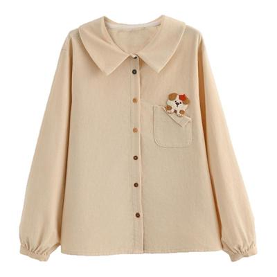 森女部落甜美可爱小狗刺绣衬衫女2025新款设计感宽松纯棉上衣冬季