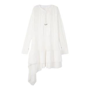 周雨彤明星同款白色白月光系带连衣裙女褶皱宽松娃娃裙百褶裙子春