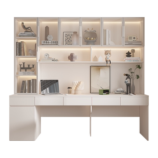 双人长书桌办公桌家用学习桌初中生学生卧室写字台书柜一体实木