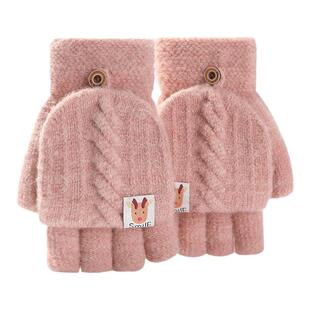 露指手套女冬季可爱学生写字毛绒半指针织儿童防冻保暖防寒男翻盖