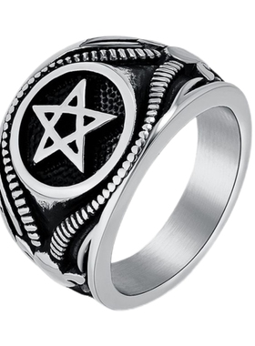 男女钛钢撒旦山羊头倒五芒星戒指