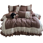 法式复古格子全棉水洗棉四件套镂空花边纯棉被套公主床裙床单床品