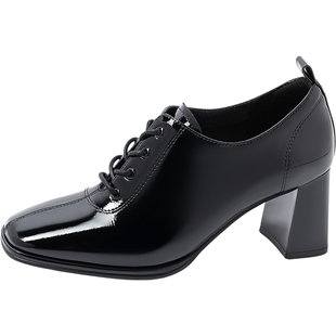 康莉黑色小皮鞋女粗跟年秋新款时尚方头系带法式裸靴深口单鞋