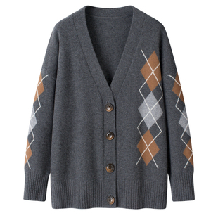 设计风~宽松大码100纯山羊绒衫女V领菱形格毛衣宽松针织毛衣外套