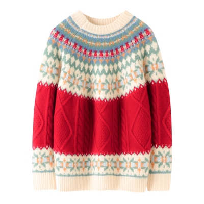 费尔岛撞色提花山羊绒衫女宽松加厚套头针织毛衣保暖慵懒风打底衫