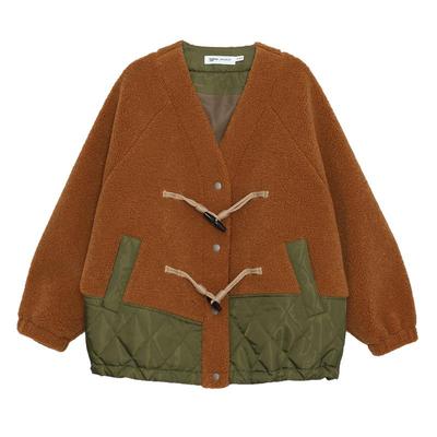 MOVEUP幻走2024冬季新款.FUN系列V领撞布拼接牛角扣中长款外套女