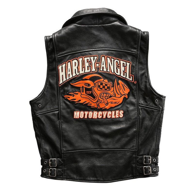 HARLEY ANGEL真皮马甲男女情侣黑色斜拉链幸运猪牛皮机车皮背心