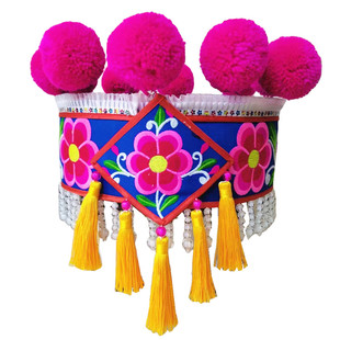 云南楚雄彝族绣花女帽毛球须须圆盘帽子左脚舞全包帽半包绣花头饰