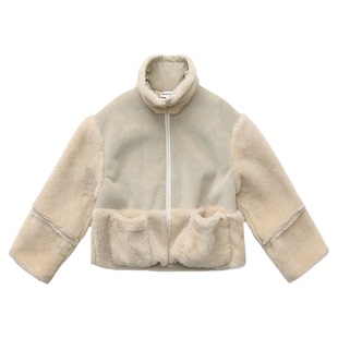 310MOOD2025奶油拼接小泰迪外套冬季新款经典简约休闲慵懒风上衣