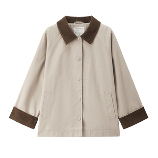 佐丹奴外套女春季新款纯棉磨毛拼接灯芯绒翻领廓形夹克女05375686