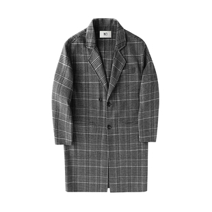 【 含50%羊毛】N1男毛呢大衣中长款呢绒服羊毛混纺格子外套
