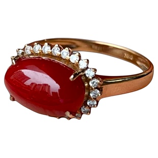 ENIMOL日本aka阿卡珊瑚 牛血色蛋面女戒指18k金钻石镶嵌 玻璃质感