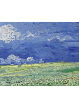 梵高收藏级版画复刻中古风法式绿色麦田与蓝色天空高级感挂画芯