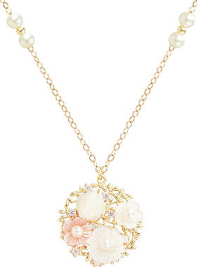 天然贝母手雕花14K包金原创项链