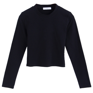 黑色短款打底衫女春秋内搭纯棉修身显瘦长袖t恤高腰上衣2025新款