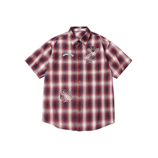 GUUKA潮牌复古格子短袖衬衫男款夏季 情侣哥特风刺绣衬衣落肩外套