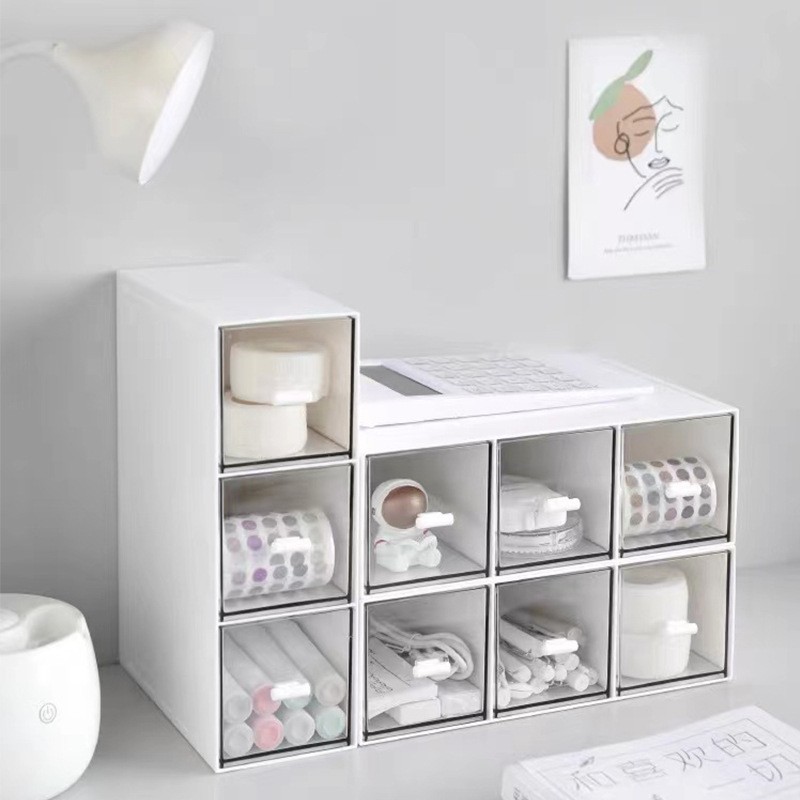 简约抽屉式收纳盒可叠加组合文具桌面学生宿舍整理盒物盒分格储