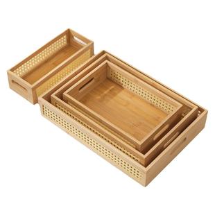 侧边网格收纳筐桌面仿藤编收纳篮家用杂用零食盒玩具楠竹托盘茶盘