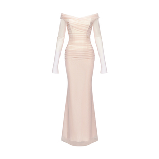 【舒畅同款】Sheer Luck Aurora 一字肩网纱氛围设计弹力鱼骨长裙