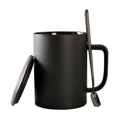 陶瓷马克杯磨砂黑色带盖勺日式