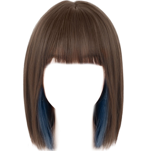 假发女短发自然全头套式时尚新款挑染雾霾蓝仿真发夏天薄款假发套