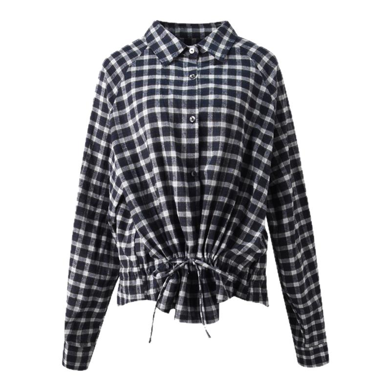 ourhour 慵懒休闲 藏蓝格纹抽绳收腰宽松长袖衬衫 女冬设计感衬衣