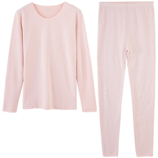 顶呱呱彩棉保暖内衣女圆领全棉中厚打底秋衣秋裤纯棉套装青年女士