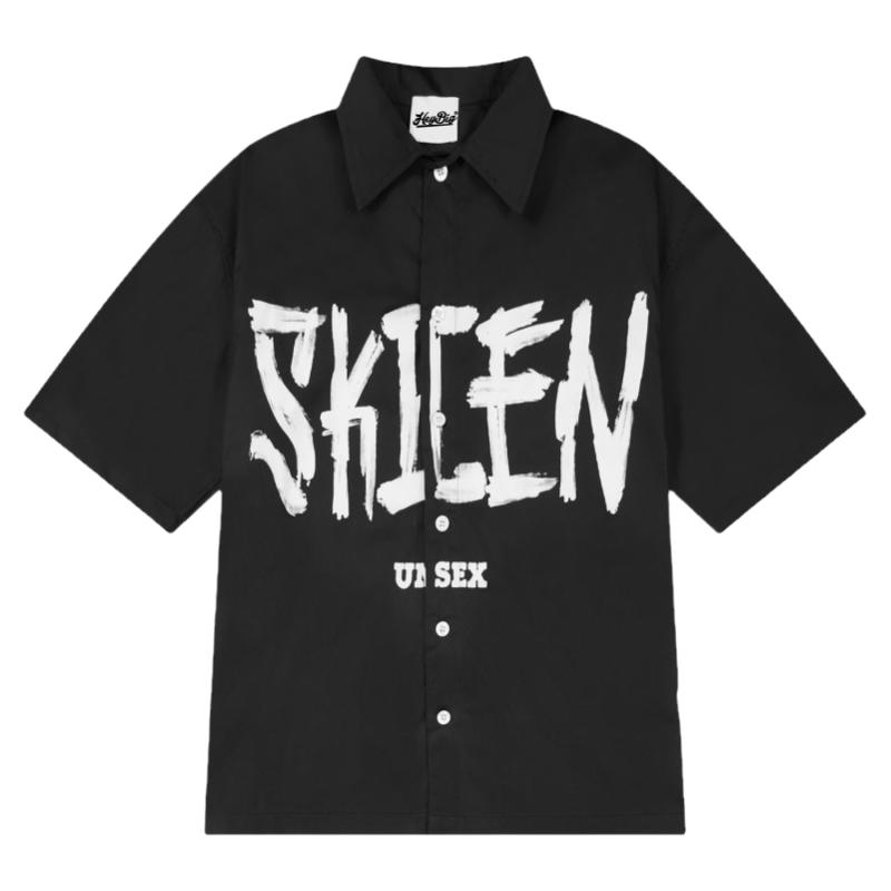 黑色短袖衬衫男夏季设计感高级潮牌潮流字母印花宽松休闲半袖衬衣
