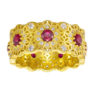 复古红刚玉玫瑰花窗宽版戒指女925银镀金红宝显白新中式黄金平替