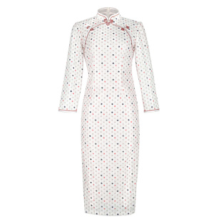 固执春季新款中国风格子长袖改良蕾丝中长旗袍裙80141QP08835