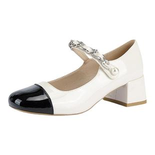 达芙妮法式玛丽珍女鞋2025新款气质粗跟单鞋女高跟鞋拼色小皮鞋女