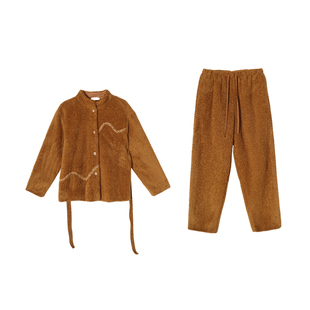 朵朵可可家居服睡衣女2025新款秋冬季加厚双面绒立领保暖系带套装