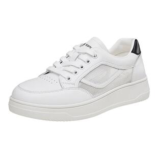 康奈真皮女鞋厚底网面透气小白鞋秋夏系带休闲百搭女板鞋