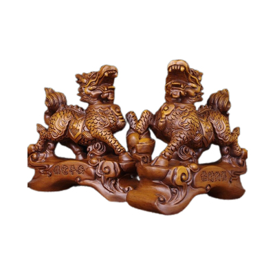 实木雕刻招财麒麟摆件一对