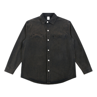 美式慵懒chic外套重磅367G水洗做旧牛仔夹克cleanfit长袖工装外套