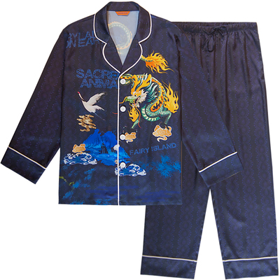 埃森费姆仿真丝睡衣男春夏 新罗漫山海经国风3D印花 家居服潮套装