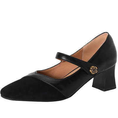 粗跟高跟鞋女方头大小码胖脚宽肥