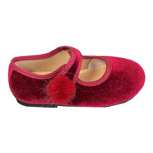 韩国童鞋2025女童丝绒新年红色单鞋小众软底毛球公主鞋加绒皮鞋潮