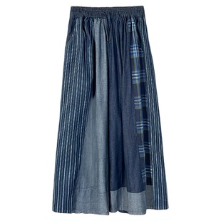 陆与山屿拼接阔腿宽松高腰牛仔裤2025年新款夏季长裤薄款直筒裤子