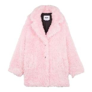 MSGM冬款女士仿皮草外套大衣粉色毛绒大码女装粉红色战袍